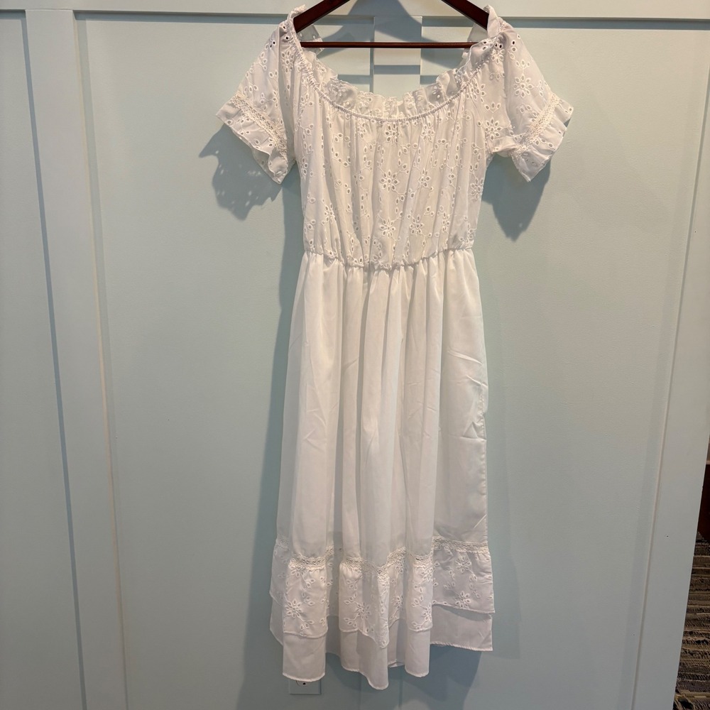 Off-Shoulder White Midi Dress with Eyelet Trim - Picture 12 of 16
